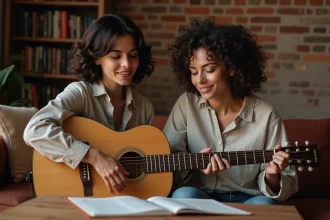 Femme jouant de la guitare acoustique pour accompagner une amie qui chante, dans un salon chaleureux avec murs en briques apparentes
