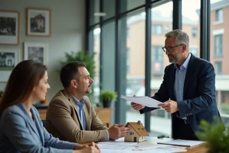 Agent immobilier remettant des documents à un couple lors de la vente d'un bien loué dans une agence immobilière moderne