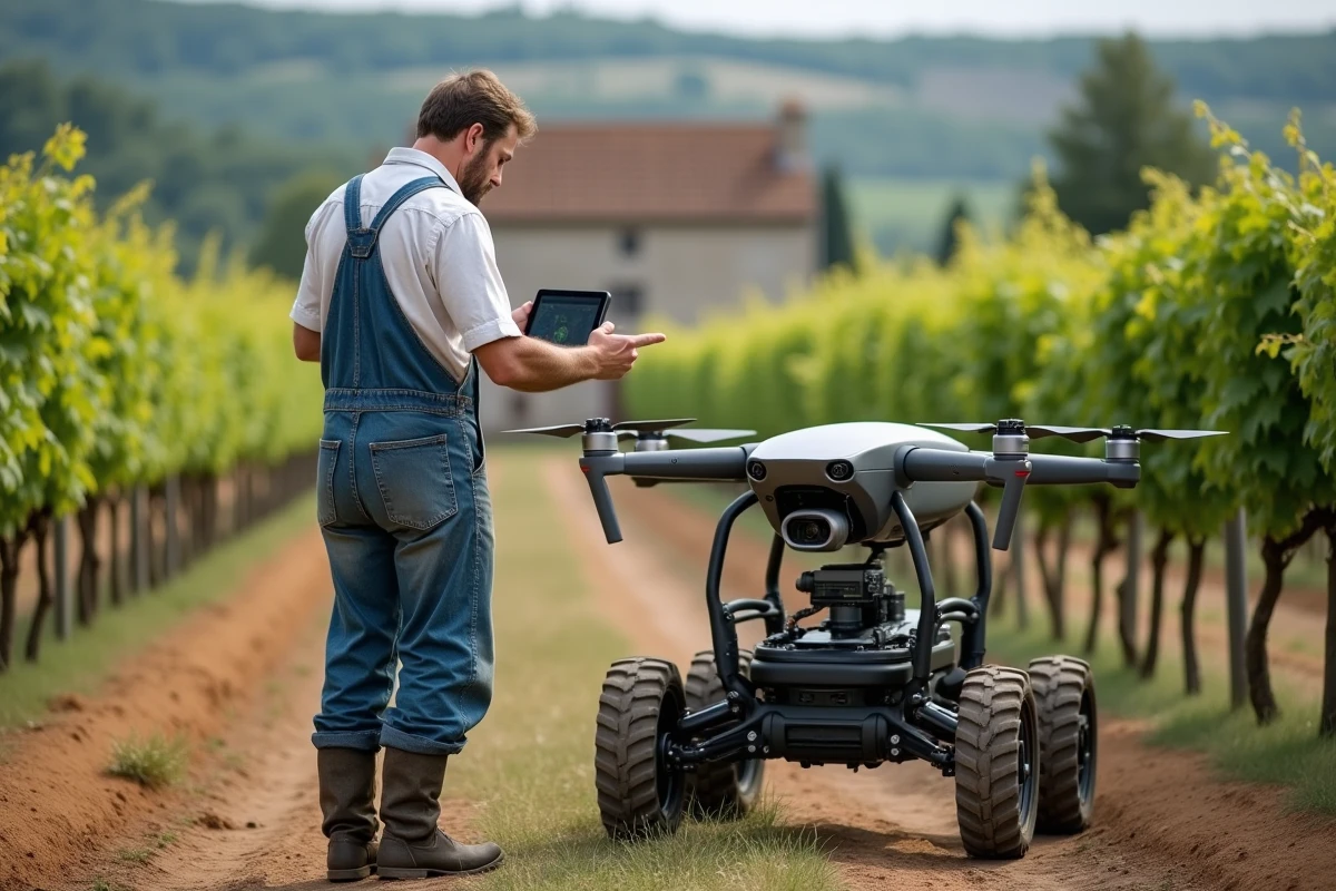 Agriculteur utilisant un drone de pulvérisation et un robot agricole connecté dans un vignoble