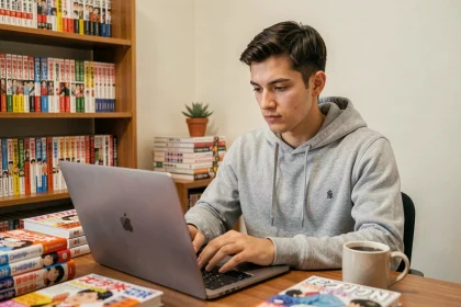 Jeune homme consultant des alternatives de lecture manga en ligne sur son ordinateur portable, entouré de volumes de manga