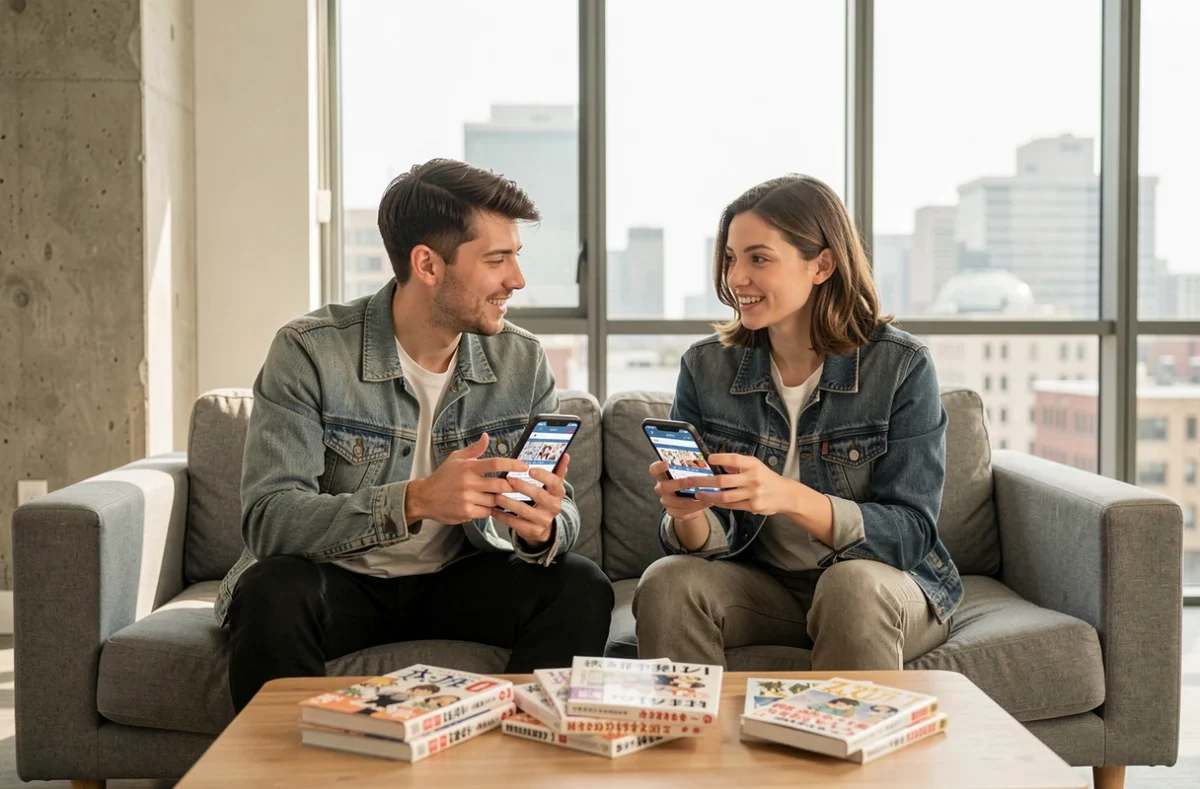 Deux amis comparant des applications de lecture de manga sur leurs smartphones dans un salon urbain moderne
