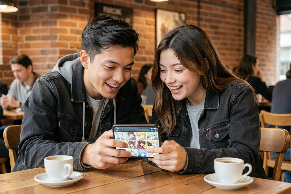 Deux amis découvrant ensemble des séries manga sur smartphone dans un café urbain moderne
