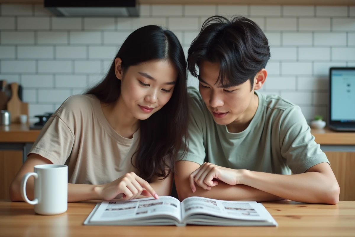 Deux amis débutants découvrant ensemble un manga ouvert sur une table de cuisine avec un ordinateur portable affichant un site de lecture en ligne