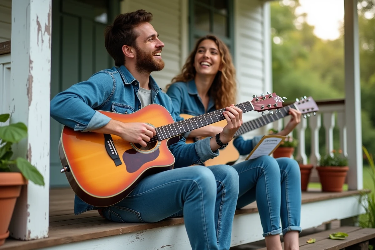 Deux amis sur un porche en bois, l'un jouant de la guitare avec des accords simplifiés et l'autre chantant avec enthousiasme
