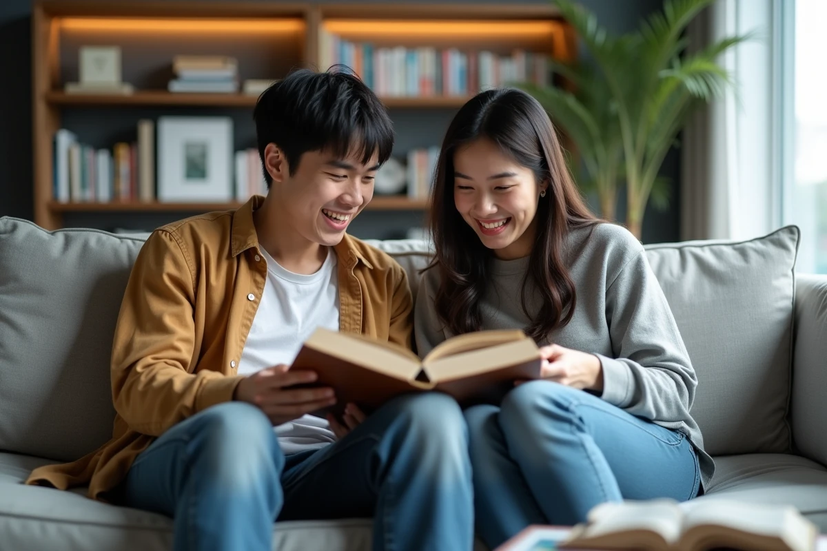 Deux amis partageant la lecture du manga Become the Strongest Hero Through the Cheat System en version française sur un canapé dans un appartement moderne