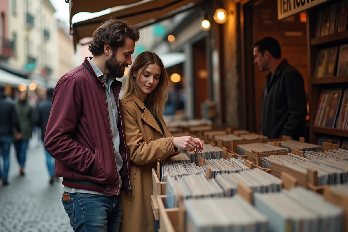 Deux amis découvrant des vinyles de chanteurs américains sur un marché de disques en plein air dans une rue pavée