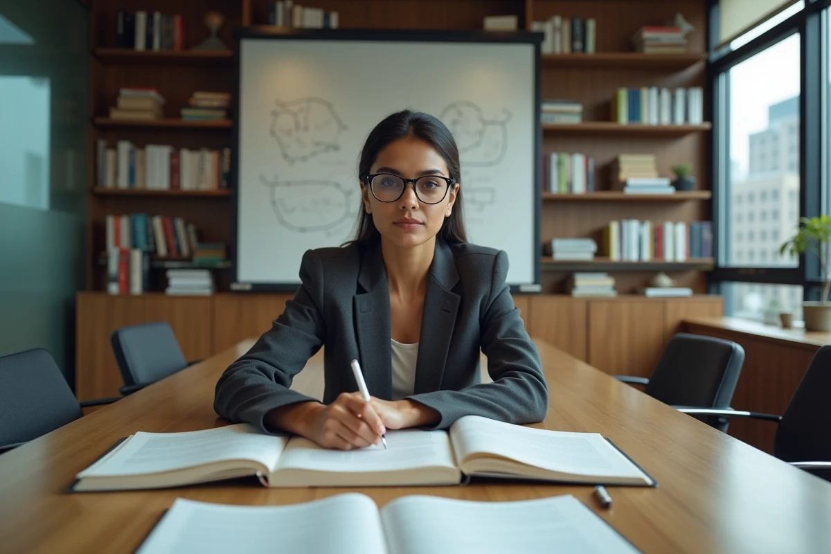 Analyste géopolitique féminine étudiant des ouvrages multidisciplinaires autour d'une table de conférence dans un think-tank