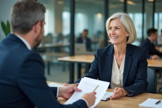 Une femme senior remet sa lettre de départ en retraite à son responsable dans un bureau professionnel moderne