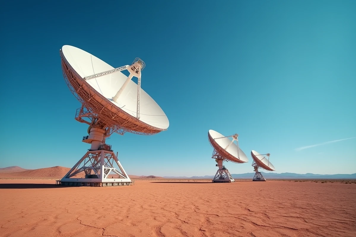 Réseau d'antennes paraboliques géantes dans un paysage désertique pour la communication satellite