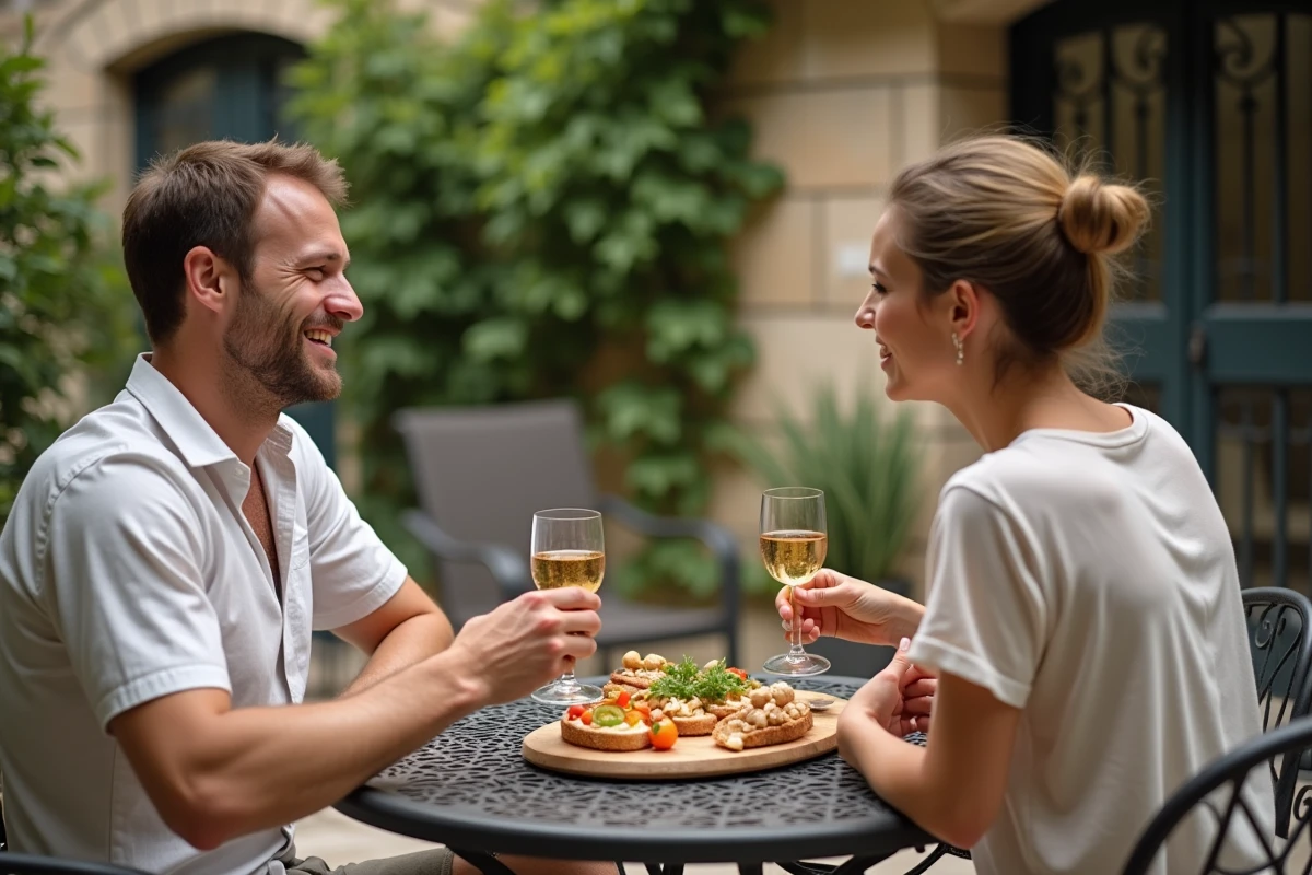 Groupe d'amis partageant un apéritif en terrasse avec tapas et verres de vin dans une cour en pierre