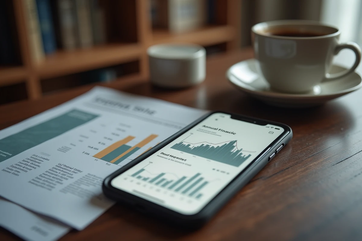 Application bancaire sur smartphone posée sur un bureau avec un rapport annuel, symbolisant la banque en ligne BoursoBank et ses actionnaires