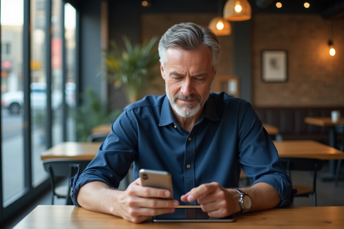 Homme utilisant une application mobile de remplacement de Money dans un café moderne