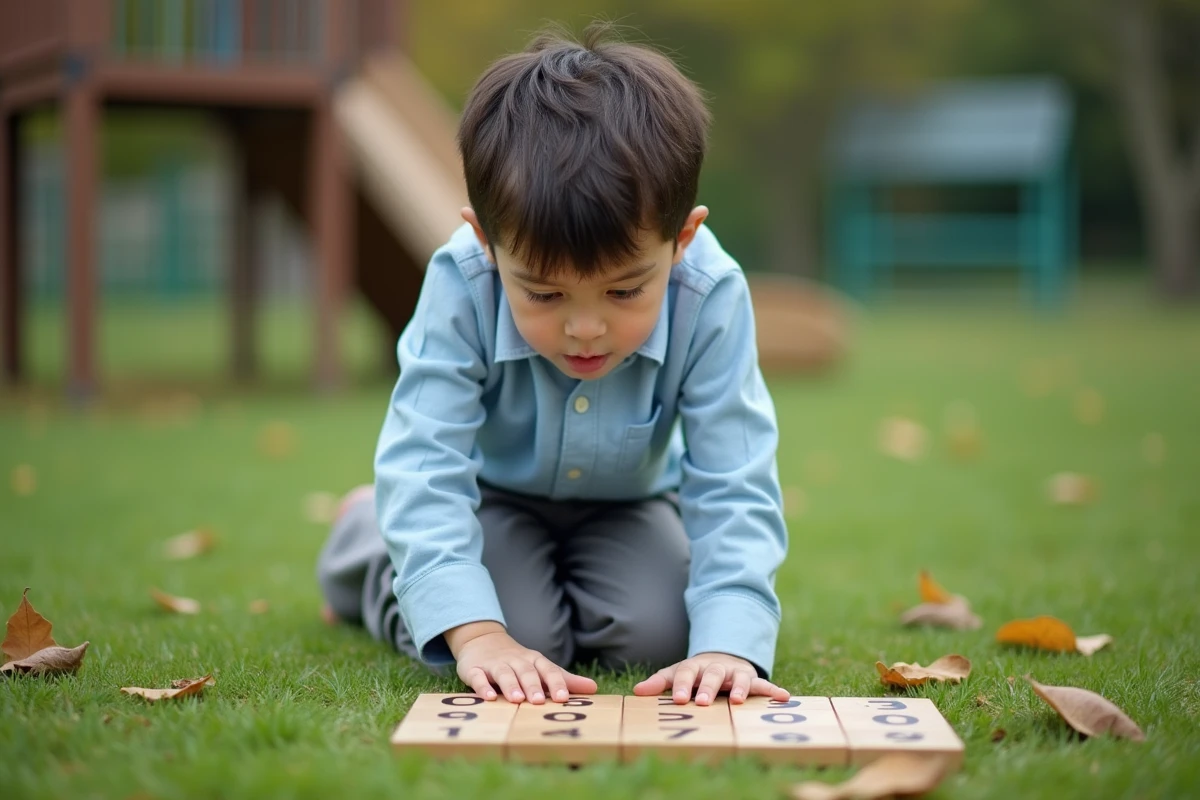 Enfant en train d'apprendre les chiffres avec des tuiles en bois sur un terrain de jeu extérieur, illustrant l'apprentissage par le jeu en plein air