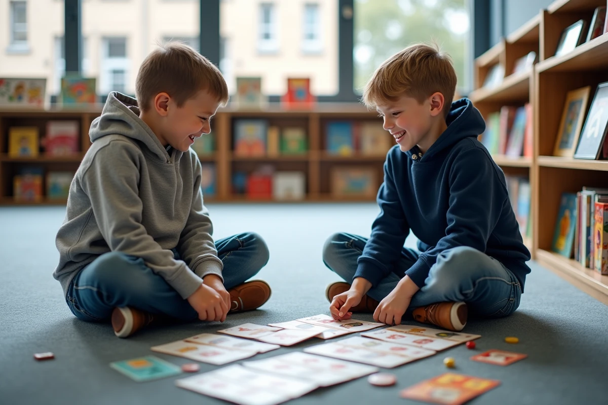 Deux garçons jouant ensemble à un jeu de société pédagogique dans une salle d'activités scolaire, montrant la coopération et l'apprentissage ludique
