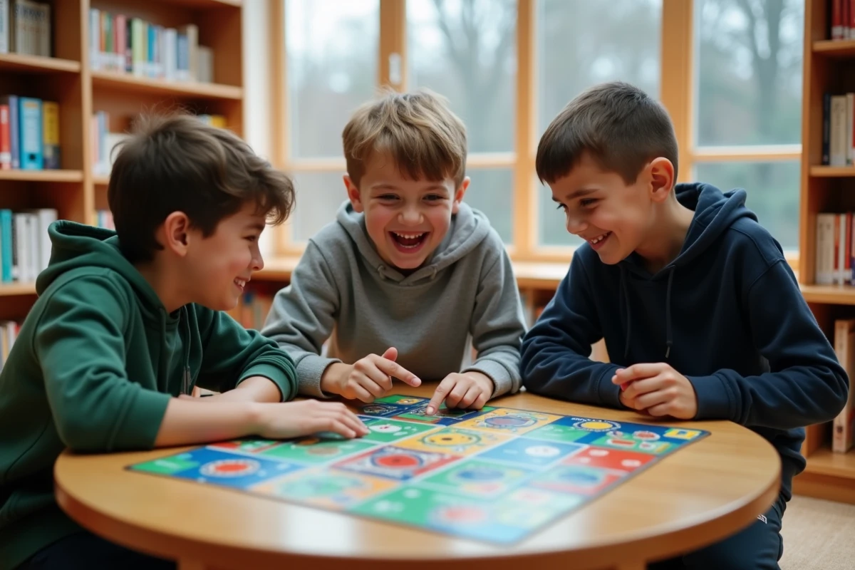 Groupe d'enfants jouant à un jeu de société dans une bibliothèque scolaire, démontrant les bénéfices de l'apprentissage ludique en équipe