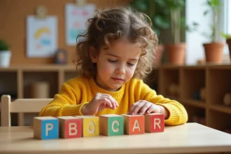 Jeune fille concentrée qui joue avec des blocs de bois colorés dans une salle de classe Montessori, illustrant l'apprentissage par le jeu