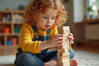 Jeune fille concentrée en train de construire une tour en bois dans une salle de classe Montessori, illustrant l'apprentissage par le jeu