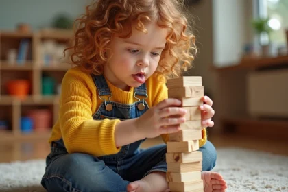 Jeune fille concentrée en train de construire une tour en bois dans une salle de classe Montessori, illustrant l'apprentissage par le jeu