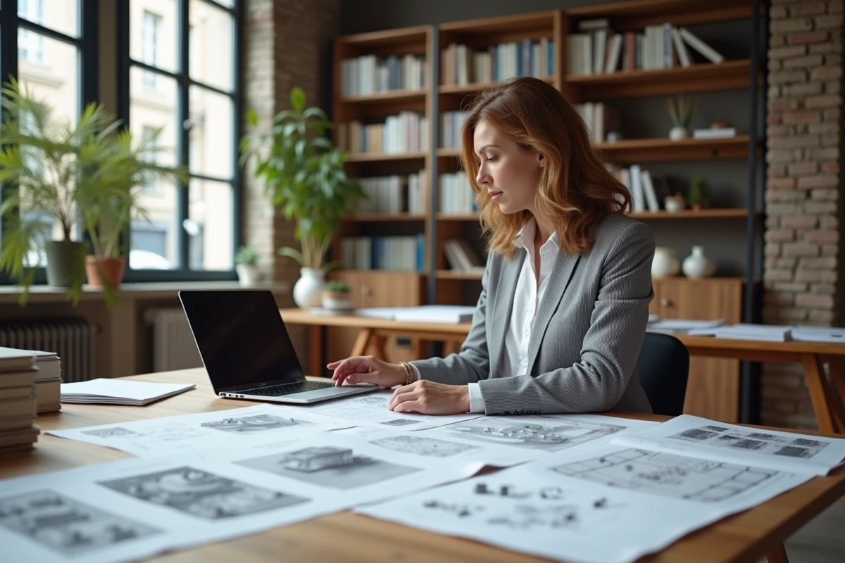 Architecte française étudiant les plans de performance énergétique liés à la réglementation thermique RT 2026 dans un studio professionnel