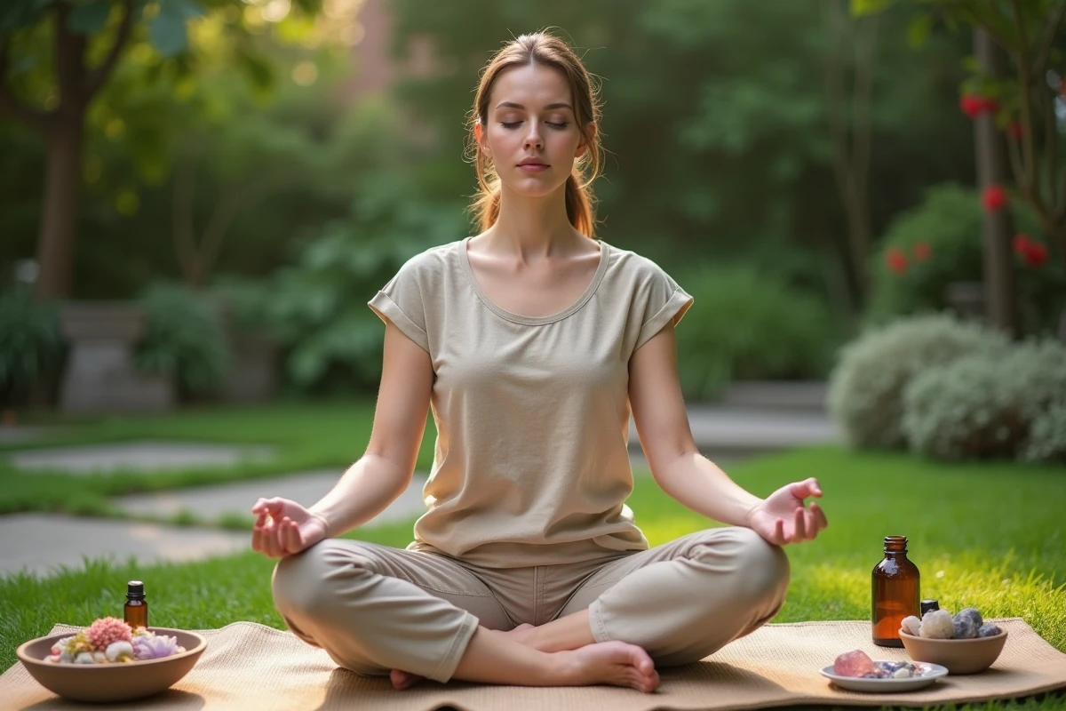 Jeune femme pratiquant l'aromathérapie et la méditation en plein air dans un jardin naturel