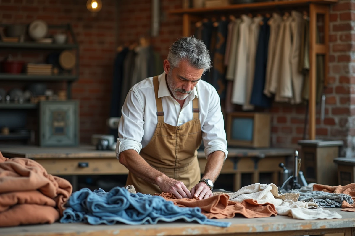 Artisan triant des textiles recyclés dans un atelier de mode durable avec des murs en briques apparentes