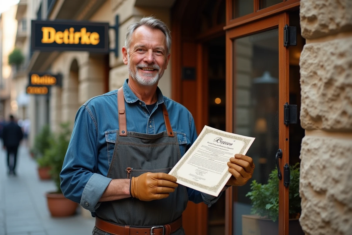 Artisan devant sa boutique tenant son certificat d'immatriculation officiel après avoir choisi son statut juridique