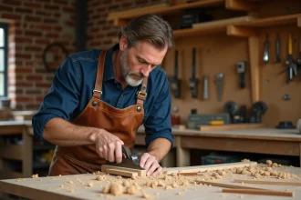 Artisan menuisier travaillant le bois dans son atelier avec des outils traditionnels