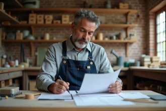 Artisan masculin en tablier consultant des documents juridiques sur son bureau d'atelier en bois