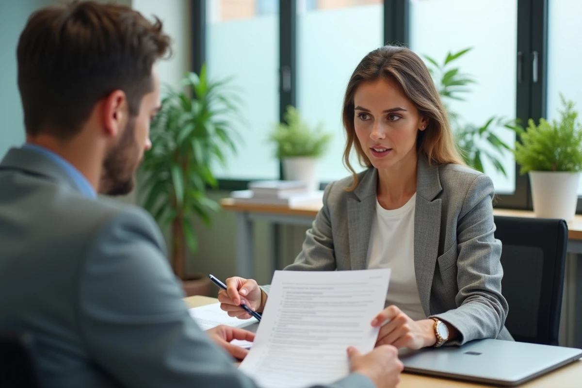 Artisane en blazer consultant un conseiller juridique dans un bureau professionnel moderne pour choisir son statut