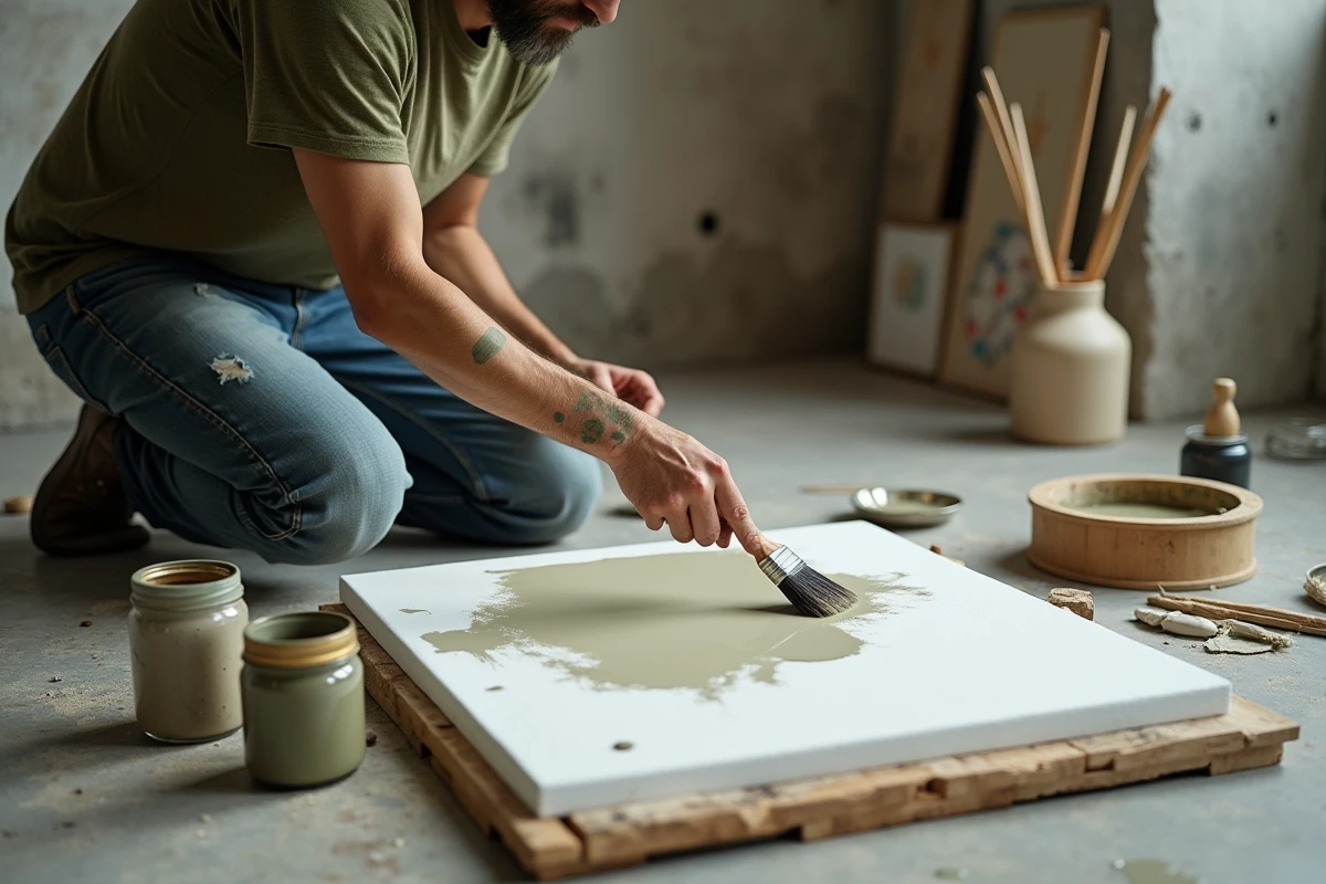 Artiste appliquant de la peinture naturelle à base de pigments et d'huile de lin sur une toile dans un atelier urbain