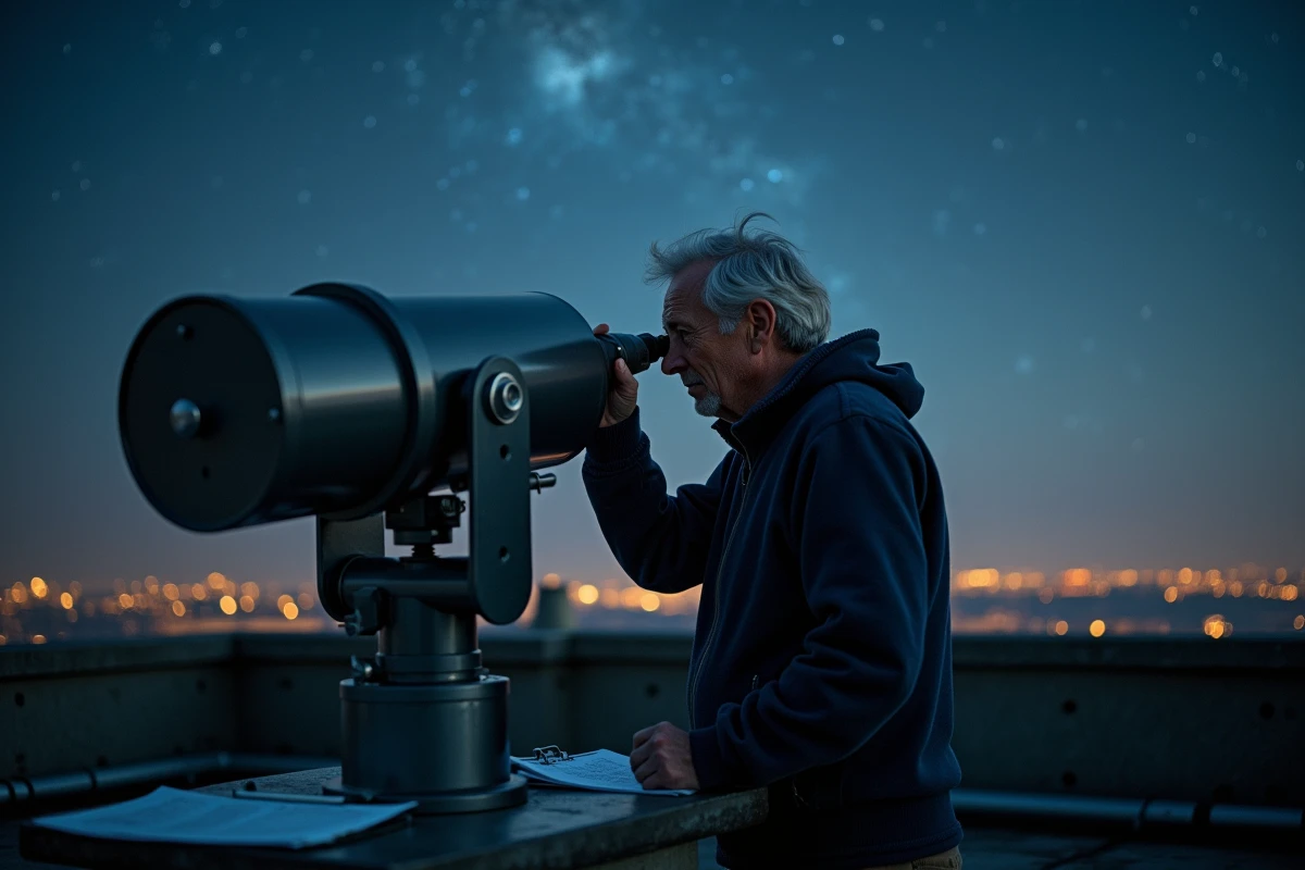 Astronome observant le ciel nocturne à travers un télescope sur un toit d'observatoire, symbolisant les grandes découvertes de l'astronomie