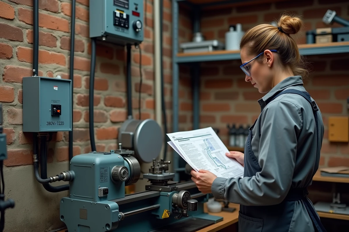 Atelier domestique avec machine industrielle alimentée par un transformateur abaisseur 380V vers 220V