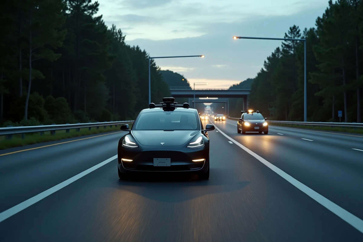 Véhicules électriques autonomes circulant sur une autoroute intelligente du futur avec des capteurs LiDAR et des canopées solaires intégrées