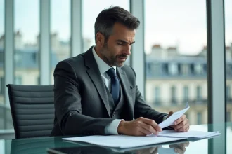 Banquier d'investissement en costume gris analysant des documents financiers dans un bureau parisien moderne avec vue sur les toits haussmanniens