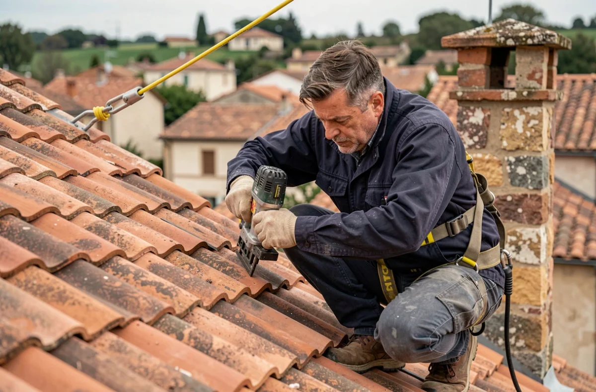 Couvreur de Bâti Prestations fixant des tuiles en terre cuite sur la toiture d'une maison de village dans la Drôme
