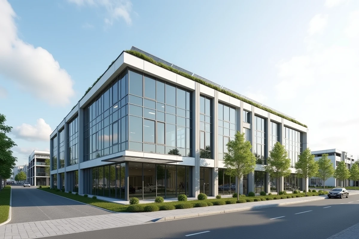 Bâtiment de bureaux commercial neuf avec panneaux solaires et façade vitrée conforme aux normes RT 2026 en zone périurbaine française