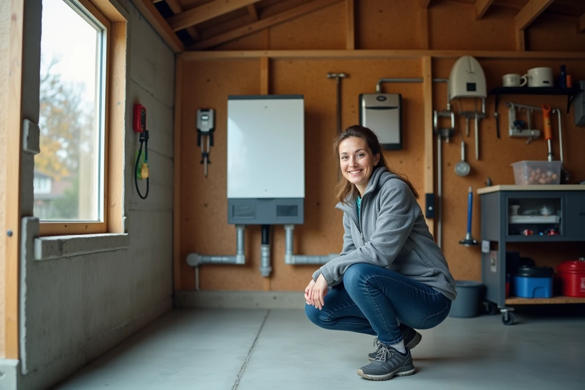 Femme inspectant une batterie de stockage solaire résidentielle dans un garage