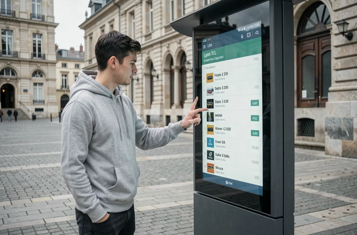 Jeune homme consultant une borne numérique d'horaires de bus en temps réel à Lyon Place Bellecour