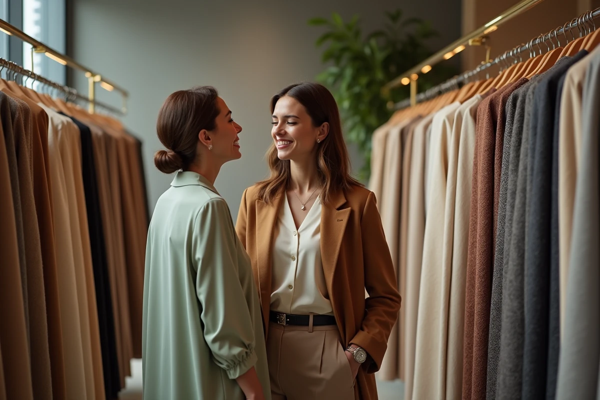 Deux femmes explorant des rouleaux de tissus haut de gamme dans une boutique de textiles luxueux