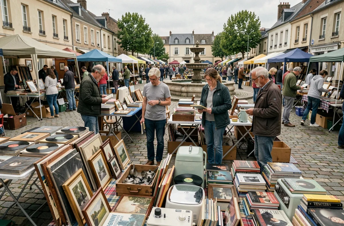 Groupe de personnes parcourant les étals d'une brocante sur une place de village dans les Yvelines