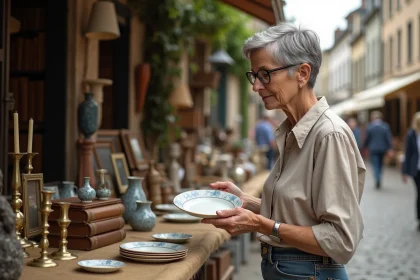 Femme examinant une assiette en porcelaine sur un stand de brocante en plein air dans la Meurthe-et-Moselle