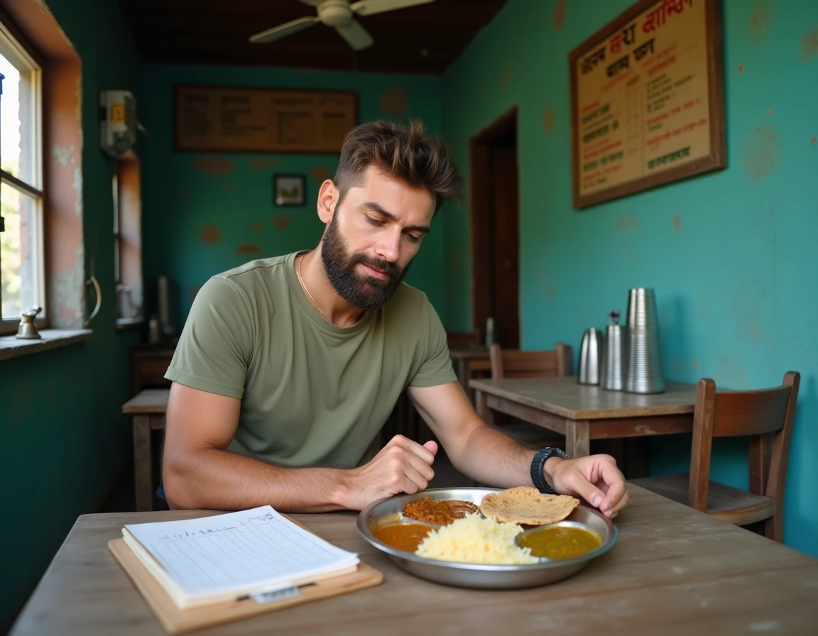 Voyageur consultant son budget dans un dhaba indien typique avec un repas thali