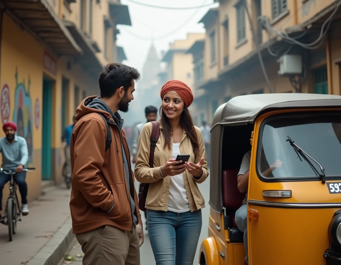 Couple de voyageurs négociant le prix d'un rickshaw à Varanasi en consultant une appli de conversion de monnaie