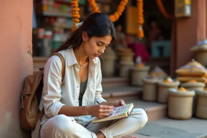 Voyageuse comptant des roupies indiennes sur les marches d'un marché coloré au Rajasthan