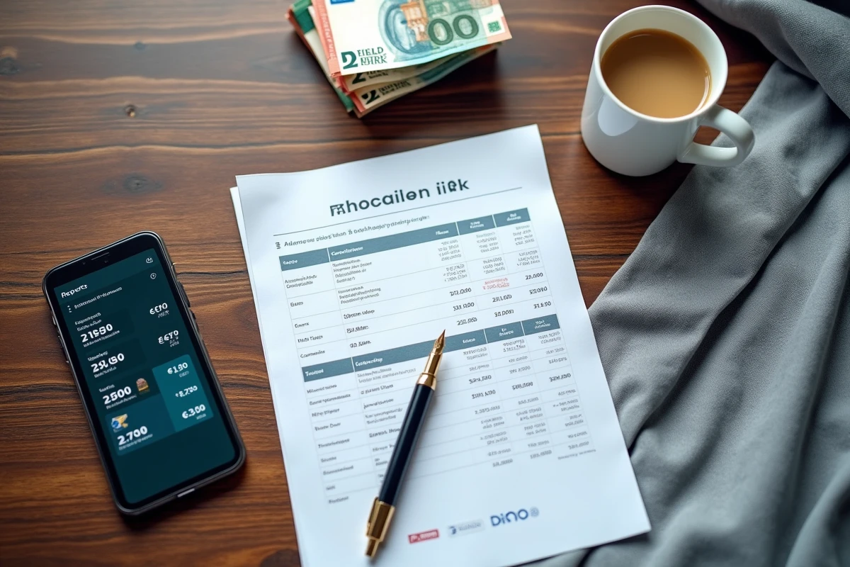 Vue de dessus d'un bureau avec documents de placements bancaires, billets en euros et smartphone