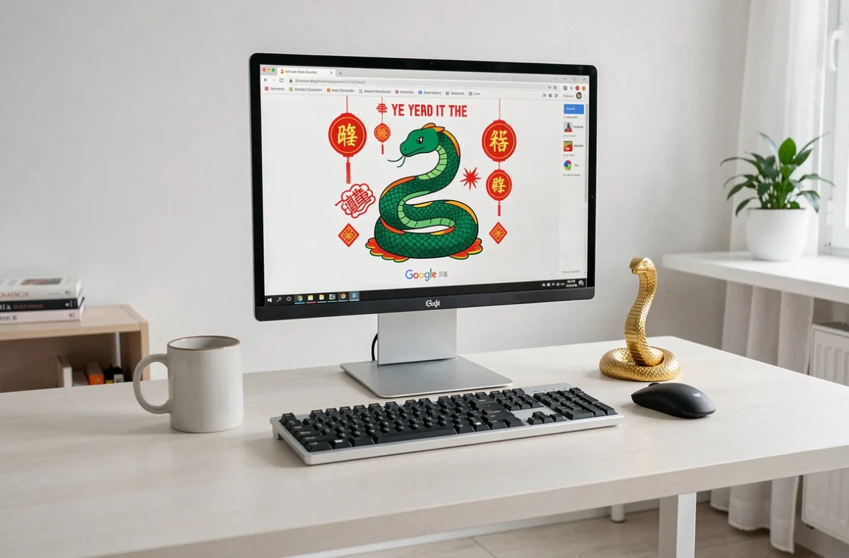 Bureau minimaliste avec écran d'ordinateur affichant le jeu Google Doodle de l'Année du Serpent et statuette décorative dorée