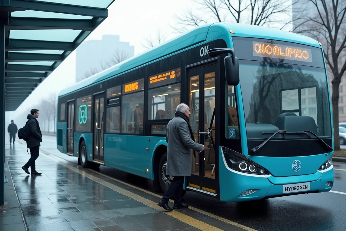 Bus à hydrogène dans une ville moderne avec un passager qui monte à bord par temps froid