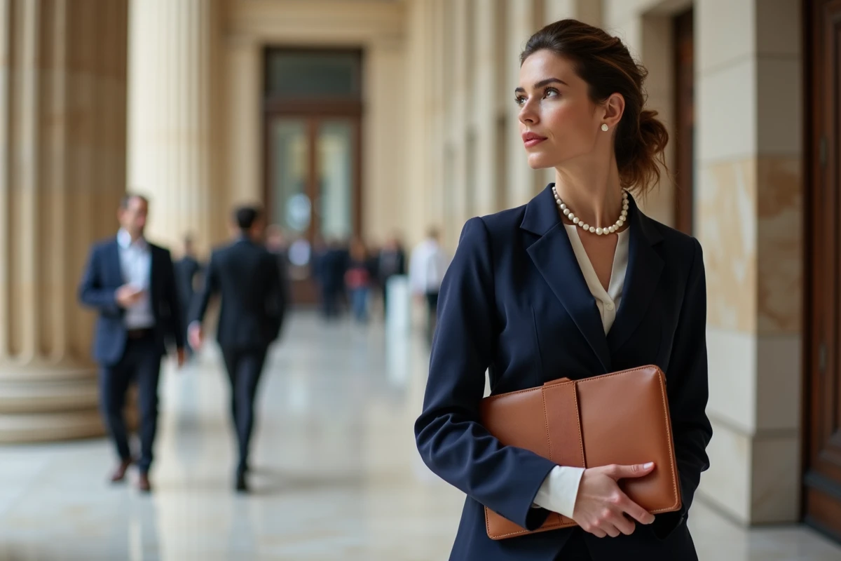 Femme cadre supérieure dans le hall en marbre d'une grande banque d'investissement française devant un écran d'indices boursiers en temps réel