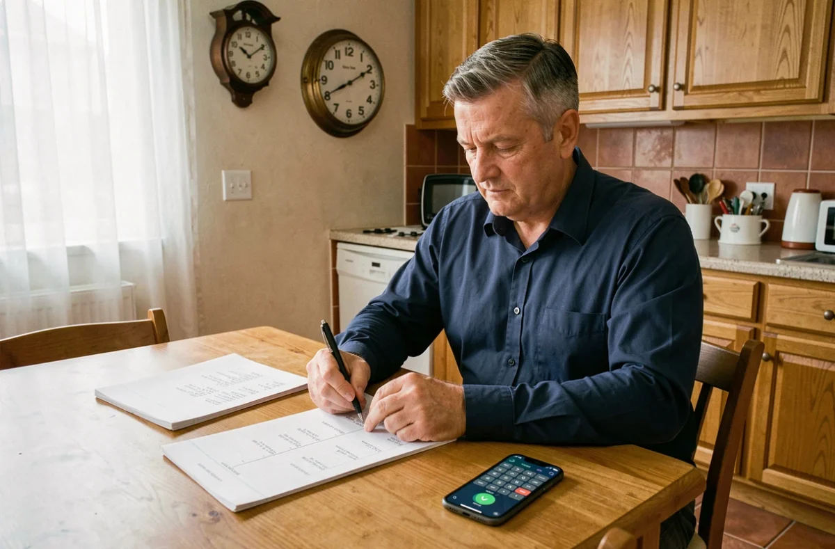 Homme calculant la conversion de minutes en heures sur une feuille de paie à la maison