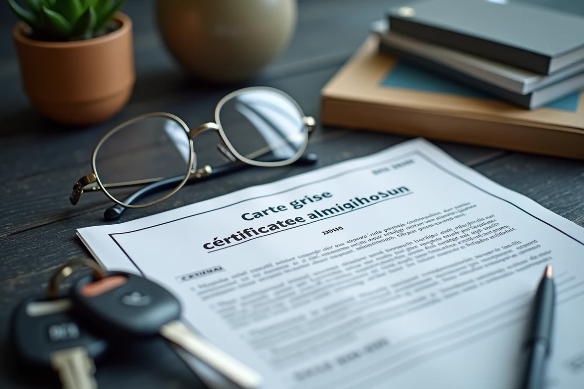 Gros plan d'un certificat d'immatriculation français, de clés de voiture et de lunettes de lecture posés sur un bureau en bois, illustrant les démarches administratives pour obtenir une carte grise gratuite selon l'âge.